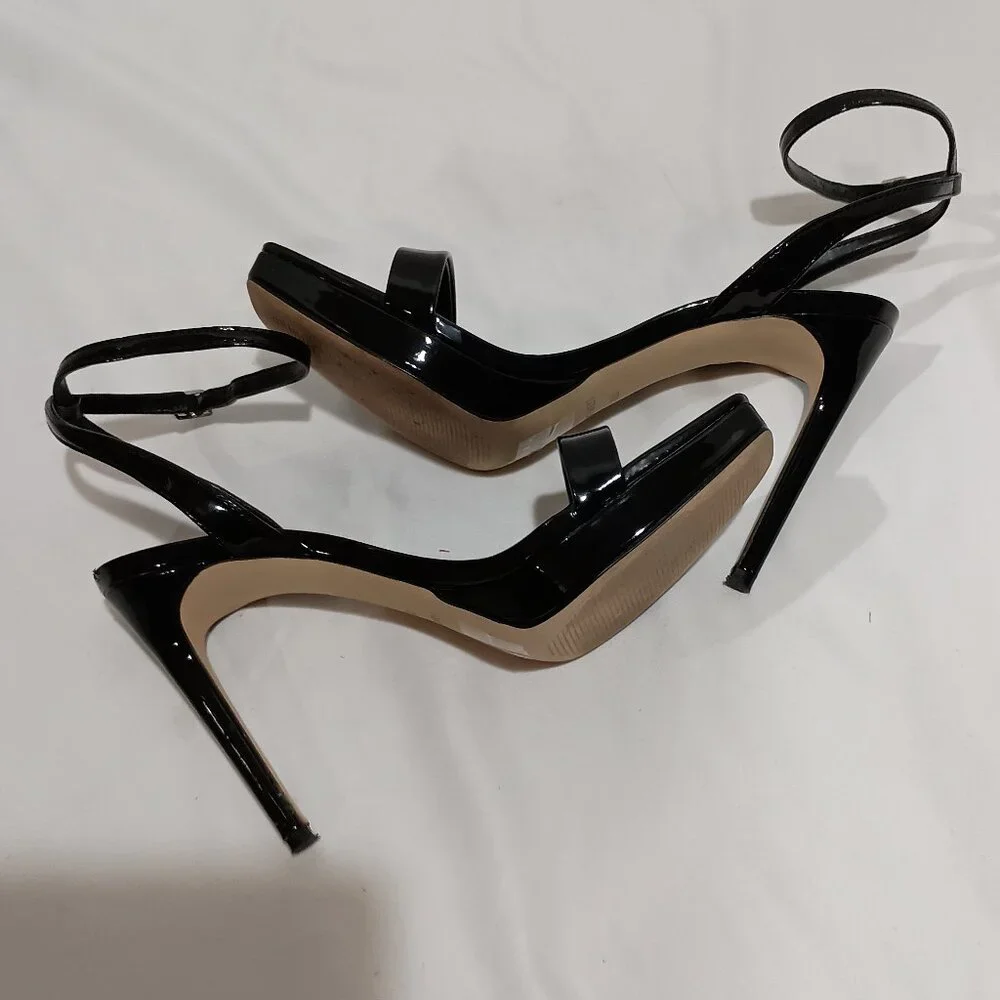 Nine West Womens Zadie Heeled Sandal Black Patent Size 8.5 Square Toe Stiletto - Picture 4 of 9